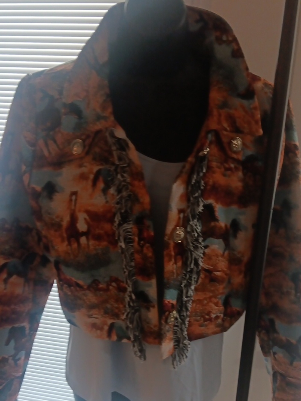 Velvet Cropped Fringe Jean Jacket in Rust and Teal Horse Print